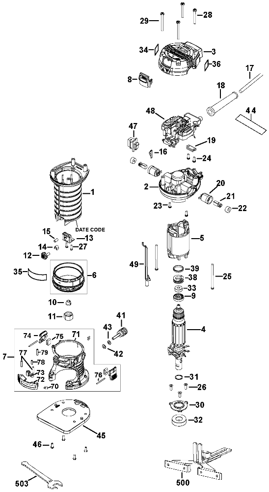 Default Diagram and Parts List for PCE6430 Type 1 Porter Cable Trimmer